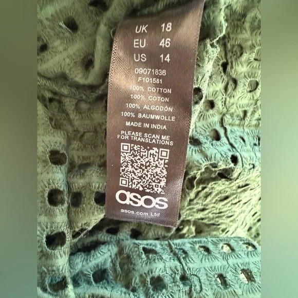 Asos Womens Eyelet Top Blouse Hunter Green Cotton Bell Sleeve Mock US Size 14 - Picture 6 of 8